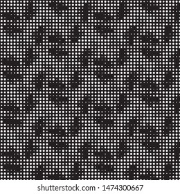 Abstract grunge grid polka dot halftone background pattern. Spotted black and white vector line illustration