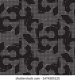 Abstract grunge grid polka dot halftone background pattern. Spotted black and white vector line illustration