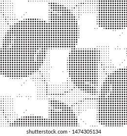Abstract grunge grid polka dot halftone background pattern. Spotted black and white vector line illustration