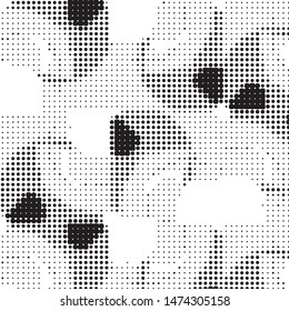 Abstract grunge grid polka dot halftone background pattern. Spotted black and white vector line illustration