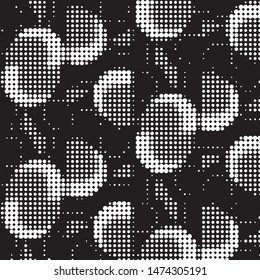 Abstract grunge grid polka dot halftone background pattern. Spotted black and white vector line illustration