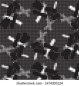 Abstract grunge grid polka dot halftone background pattern. Spotted black and white vector line illustration