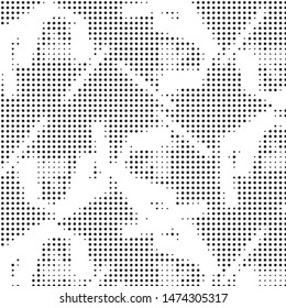 Abstract grunge grid polka dot halftone background pattern. Spotted black and white vector line illustration