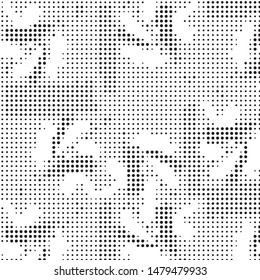 Abstract grunge grid polka dot halftone background pattern. Spotted black and white vector line illustration