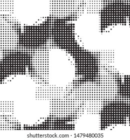 Abstract grunge grid polka dot halftone background pattern. Spotted black and white vector line illustration