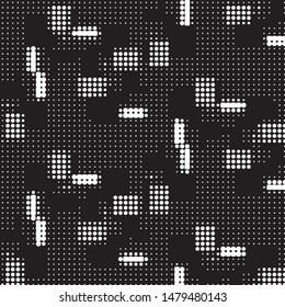 Abstract grunge grid polka dot halftone background pattern. Spotted black and white vector line illustration
