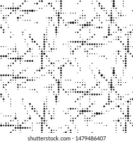 Abstract grunge grid polka dot halftone background pattern. Spotted black and white vector line illustration