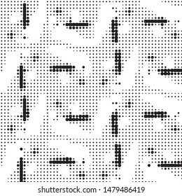 Abstract grunge grid polka dot halftone background pattern. Spotted black and white vector line illustration