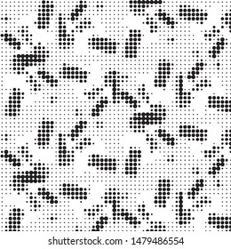 Abstract grunge grid polka dot halftone background pattern. Spotted black and white vector line illustration