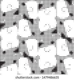 Abstract grunge grid polka dot halftone background pattern. Spotted black and white vector line illustration