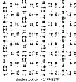 Abstract grunge grid polka dot halftone background pattern. Spotted black and white vector line illustration