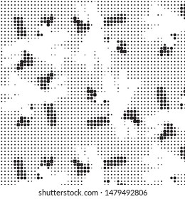 Abstract grunge grid polka dot halftone background pattern. Spotted black and white vector line illustration