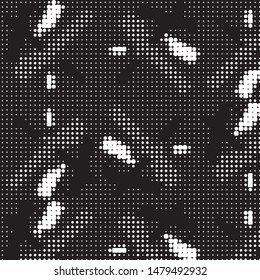 Abstract grunge grid polka dot halftone background pattern. Spotted black and white vector line illustration