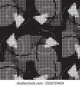 Abstract grunge grid polka dot halftone background pattern. Spotted black and white vector line illustration