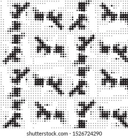 Abstract grunge grid polka dot halftone background pattern. Spotted black and white vector line illustration