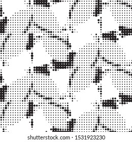 Abstract grunge grid polka dot halftone background pattern. Spotted black and white vector line illustration