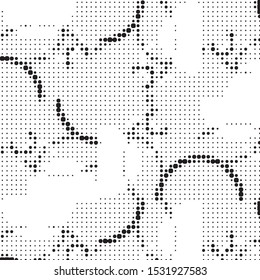 Abstract grunge grid polka dot halftone background pattern. Spotted black and white vector line illustration