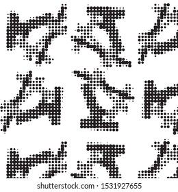 Abstract grunge grid polka dot halftone background pattern. Spotted black and white vector line illustration