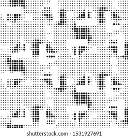 Abstract grunge grid polka dot halftone background pattern. Spotted black and white vector line illustration