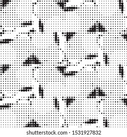 Abstract grunge grid polka dot halftone background pattern. Spotted black and white vector line illustration