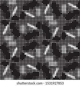 Abstract grunge grid polka dot halftone background pattern. Spotted black and white vector line illustration