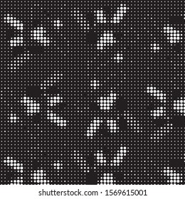 Abstract grunge grid polka dot halftone background pattern. Spotted black and white vector line illustration