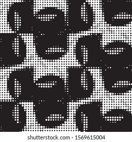 Abstract grunge grid polka dot halftone background pattern. Spotted black and white vector line illustration