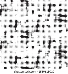 Abstract grunge grid polka dot halftone background pattern. Spotted black and white vector line illustration