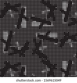 Abstract grunge grid polka dot halftone background pattern. Spotted black and white vector line illustration