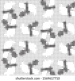 Abstract grunge grid polka dot halftone background pattern. Spotted black and white vector line illustration