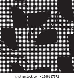 Abstract grunge grid polka dot halftone background pattern. Spotted black and white vector line illustration