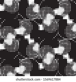 Abstract grunge grid polka dot halftone background pattern. Spotted black and white vector line illustration