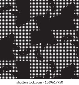 Abstract grunge grid polka dot halftone background pattern. Spotted black and white vector line illustration