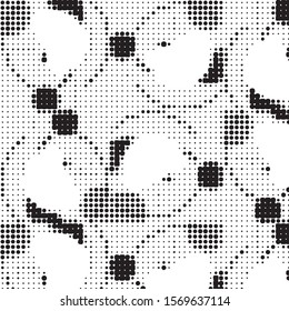 Abstract grunge grid polka dot halftone background pattern. Spotted black and white vector line illustration
