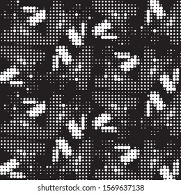 Abstract grunge grid polka dot halftone background pattern. Spotted black and white vector line illustration
