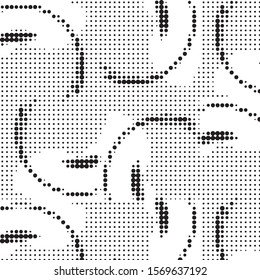 Abstract grunge grid polka dot halftone background pattern. Spotted black and white vector line illustration