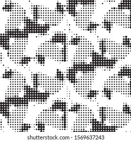 Abstract grunge grid polka dot halftone background pattern. Spotted black and white vector line illustration