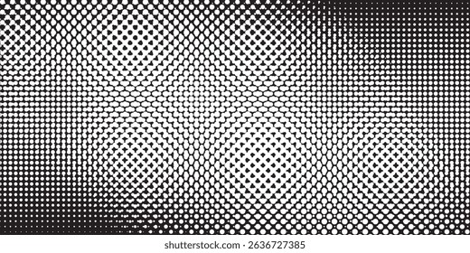 Abstract grunge grid polka dot halftone background pattern. Spotted black and white line illustration