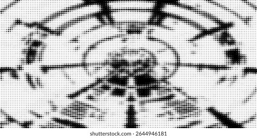 Abstractas patrón de fondo de semitono de lunares de la rejilla del grunge. Ilustración de línea de Vector blanco y negro manchado