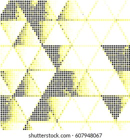 Abstract grunge grid polka dot background pattern. Spotted halftone vector line yellow triangle illustration