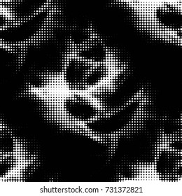 Abstract grunge grid polka dot halftone background pattern. Spotted black and white vector line illustration
