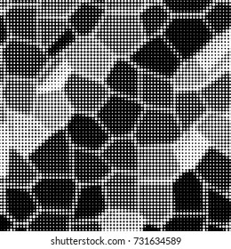 Abstract grunge grid polka dot halftone background pattern. Spotted black and white vector line illustration
