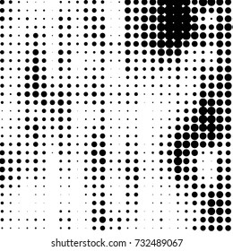 Abstract grunge grid polka dot halftone background pattern. Spotted black and white vector line illustration