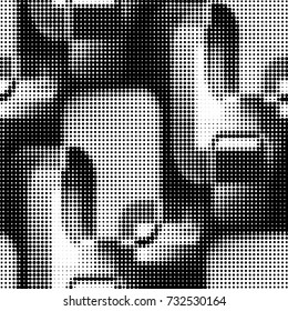 Abstract grunge grid polka dot halftone background pattern. Spotted black and white vector line illustration