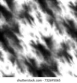Abstract grunge grid polka dot halftone background pattern. Spotted black and white vector line illustration