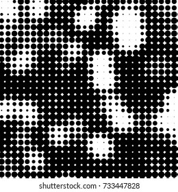 Abstract grunge grid polka dot halftone background pattern. Spotted black and white vector line illustration