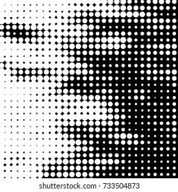 Abstract grunge grid polka dot halftone background pattern. Spotted black and white vector line illustration