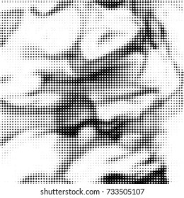 Abstract grunge grid polka dot halftone background pattern. Spotted black and white vector line illustration