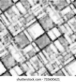 Abstract grunge grid polka dot halftone background pattern. Spotted black and white vector line illustration