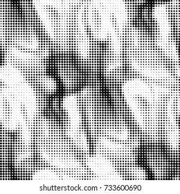 Abstract grunge grid polka dot halftone background pattern. Spotted black and white vector line illustration